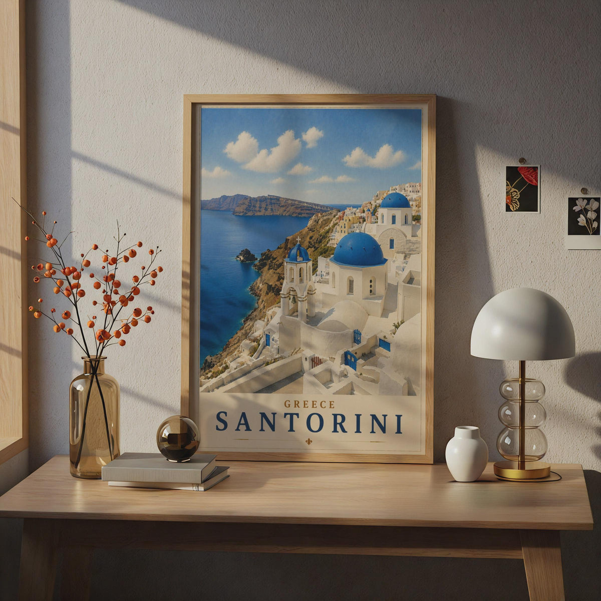 Santorini Greece Travel Poster, Blue Dome Church Wall Art, Oia Greek Island Print