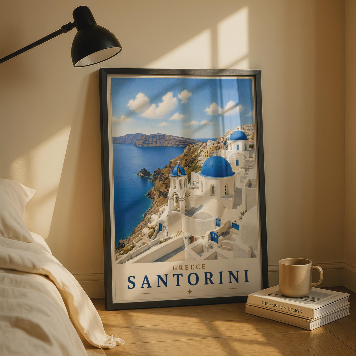 Santorini Greece Travel Poster, Blue Dome Church Wall Art, Oia Greek Island Print