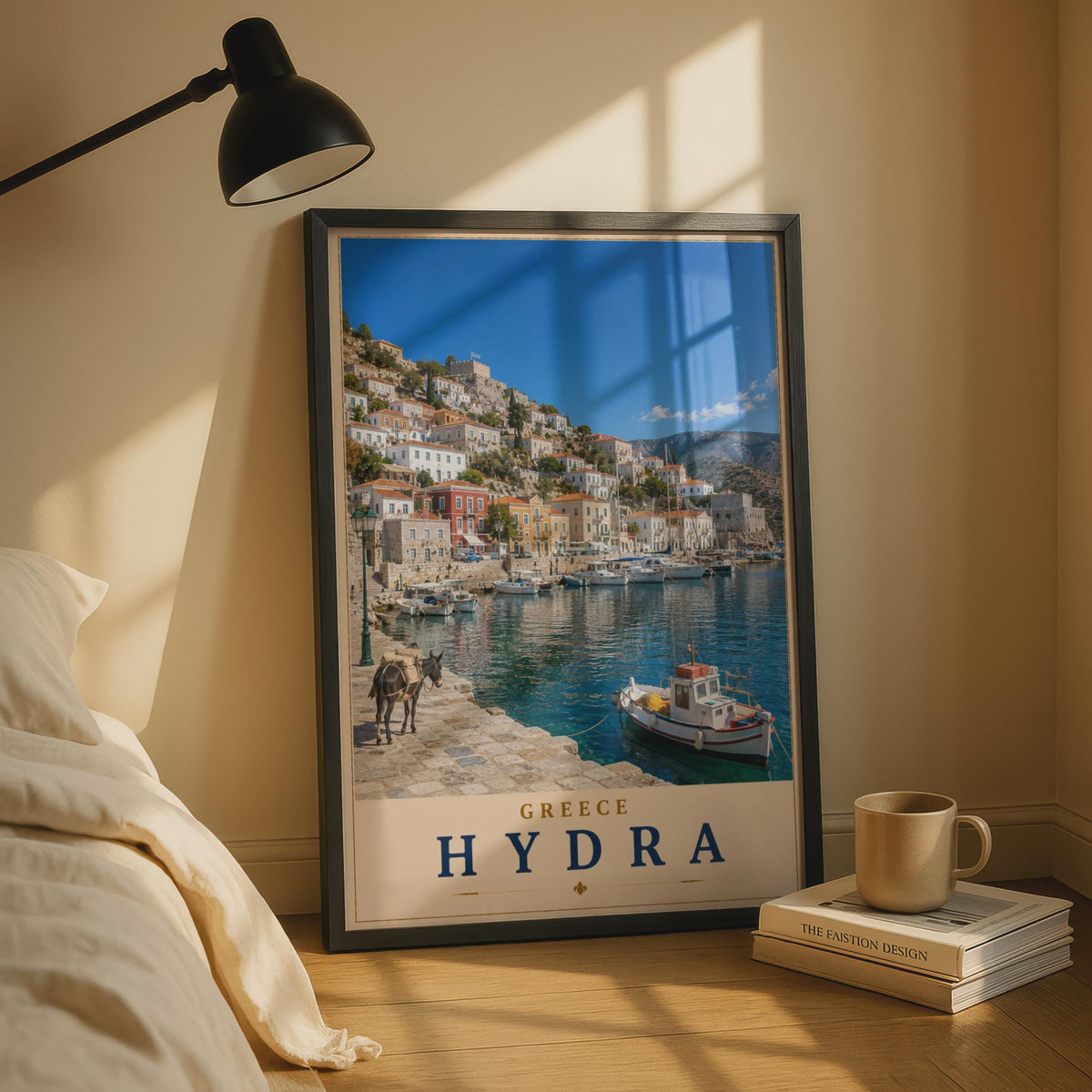 Hydra Greece Travel Poster, Greek Island Harbour Wall Art, Mediterranean Boat Print