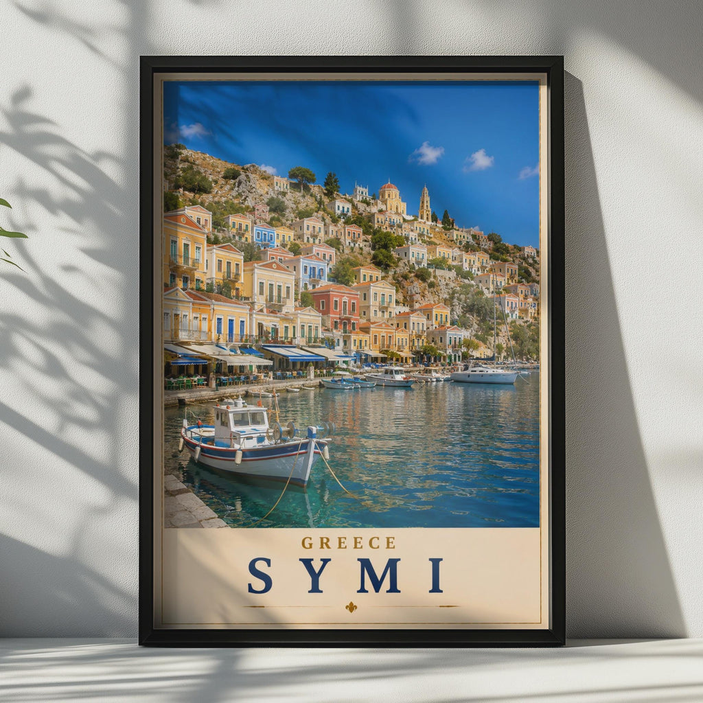 Symi Greece Travel Poster, Greek Island Harbour Wall Art, Colourful Aegean Sea Print