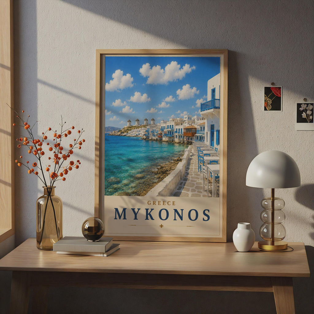 Mykonos Greece Travel Poster, Greek Island Wall Art, Aegean Sea, Windmills Print