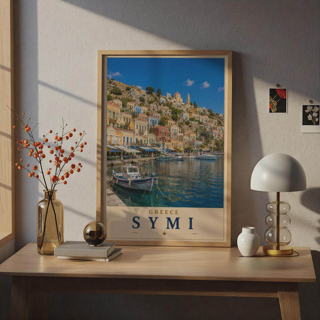 Symi Greece Travel Poster, Greek Island Harbour Wall Art, Colourful Aegean Sea Print
