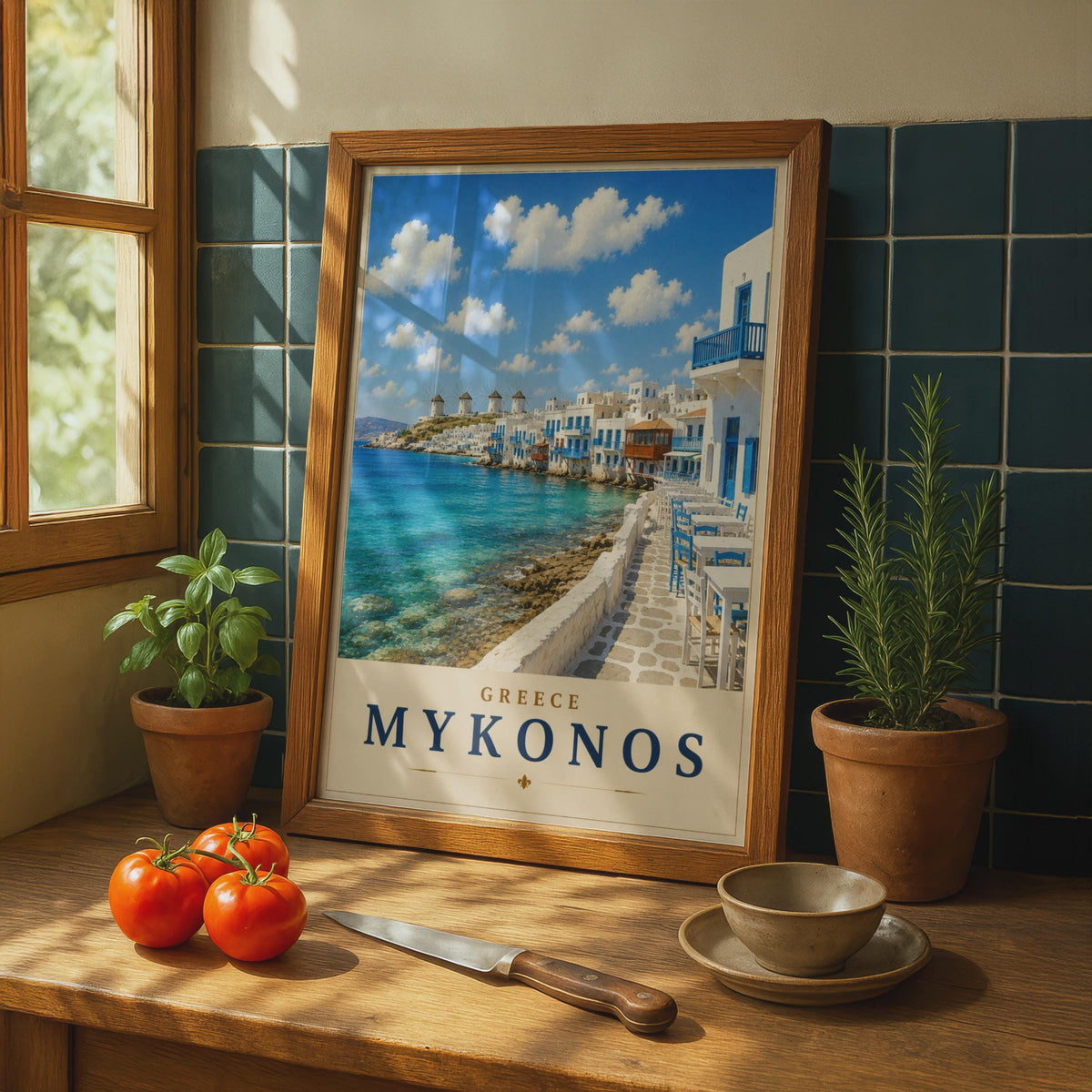 Mykonos Greece Travel Poster, Greek Island Wall Art, Aegean Sea, Windmills Print