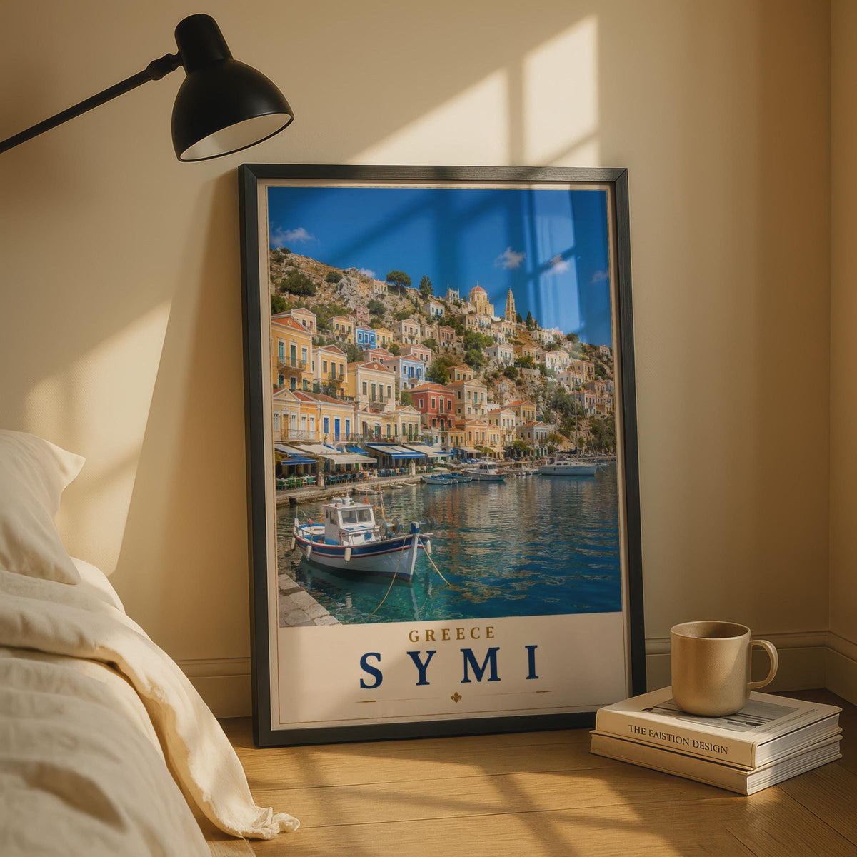 Symi Greece Travel Poster, Greek Island Harbour Wall Art, Colourful Aegean Sea Print