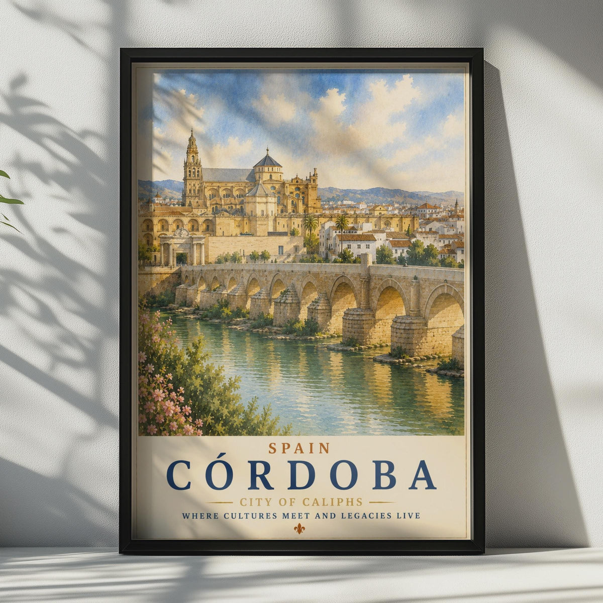 Cordoba Spain Travel Poster, Mezquita Roman Bridge Watercolour Wall Art, Andalusia