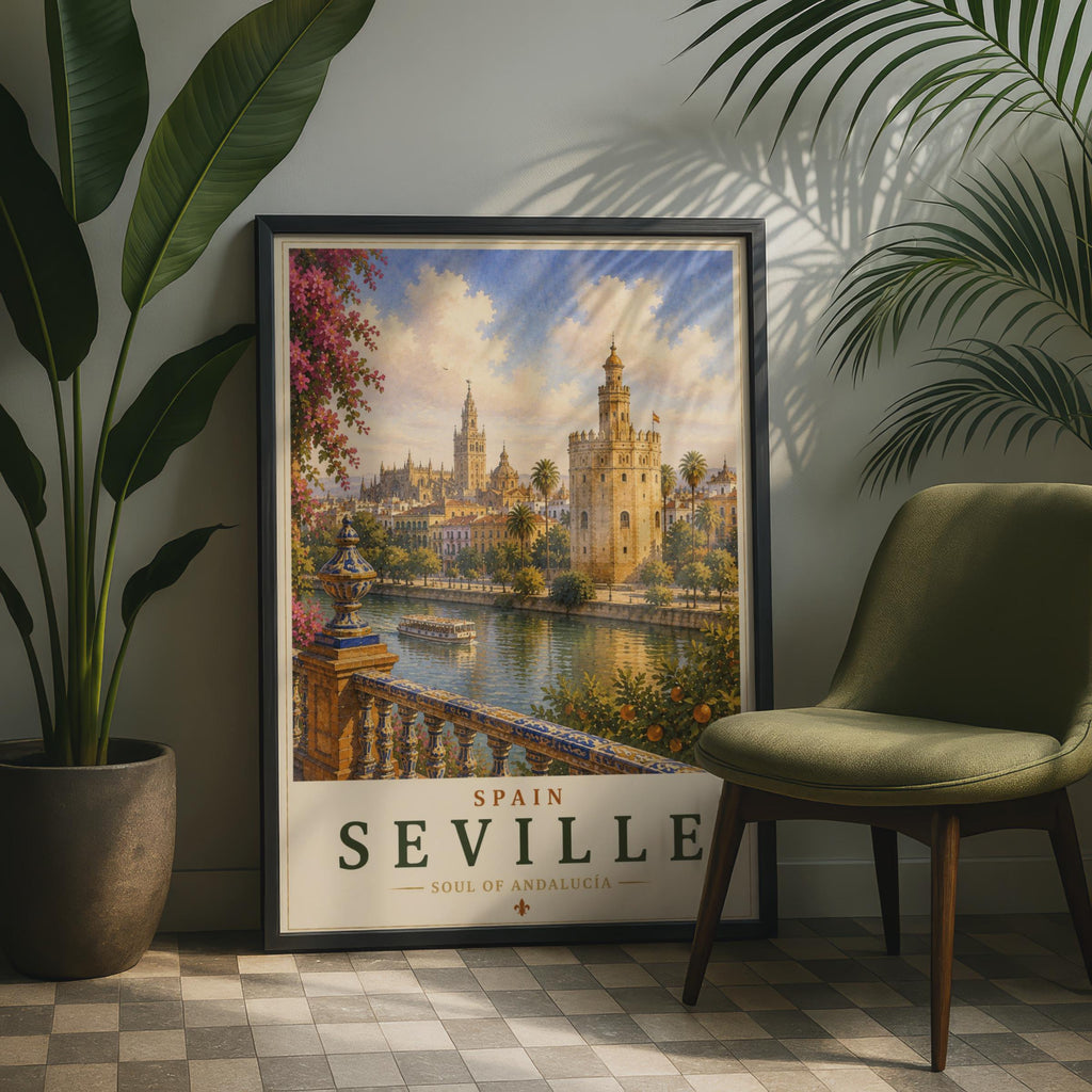 Seville Spain Travel Poster, Andalucia Wall Art, Torre del Oro, Vintage Style