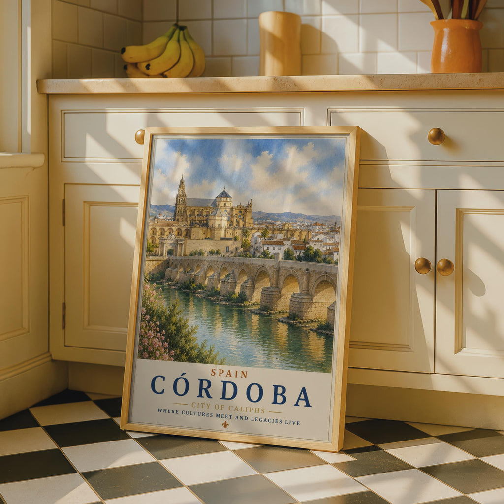 Cordoba Spain Travel Poster, Mezquita Roman Bridge Watercolour Wall Art, Andalusia