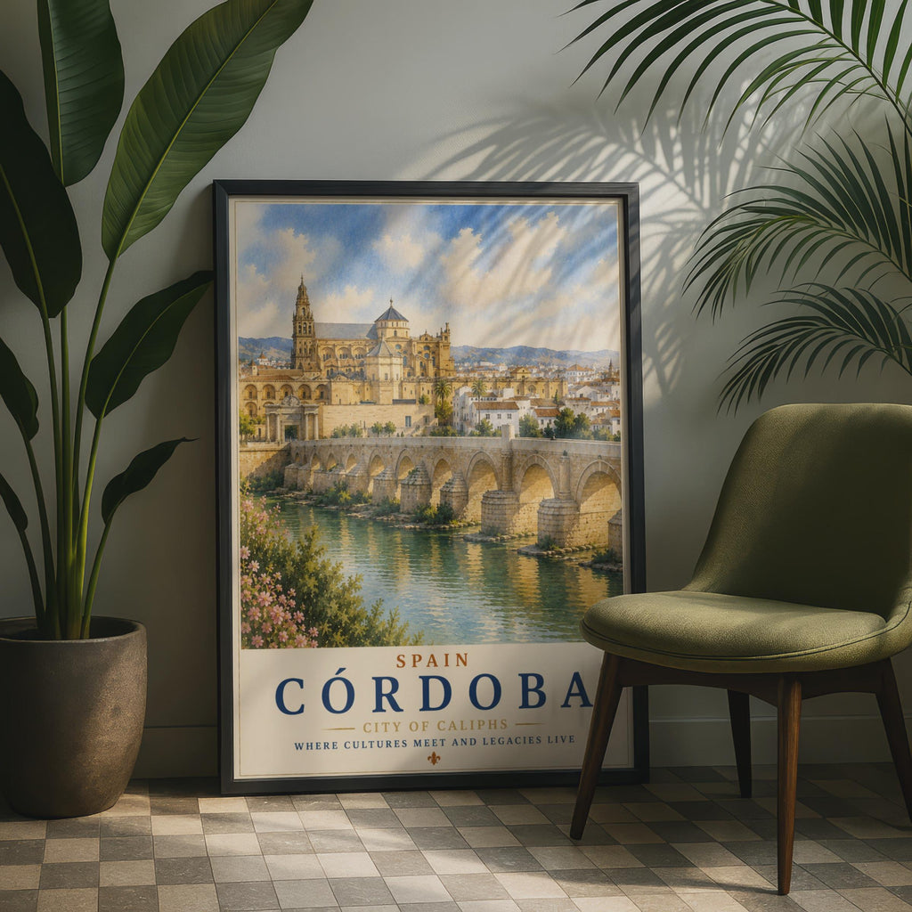 Cordoba Spain Travel Poster, Mezquita Roman Bridge Watercolour Wall Art, Andalusia