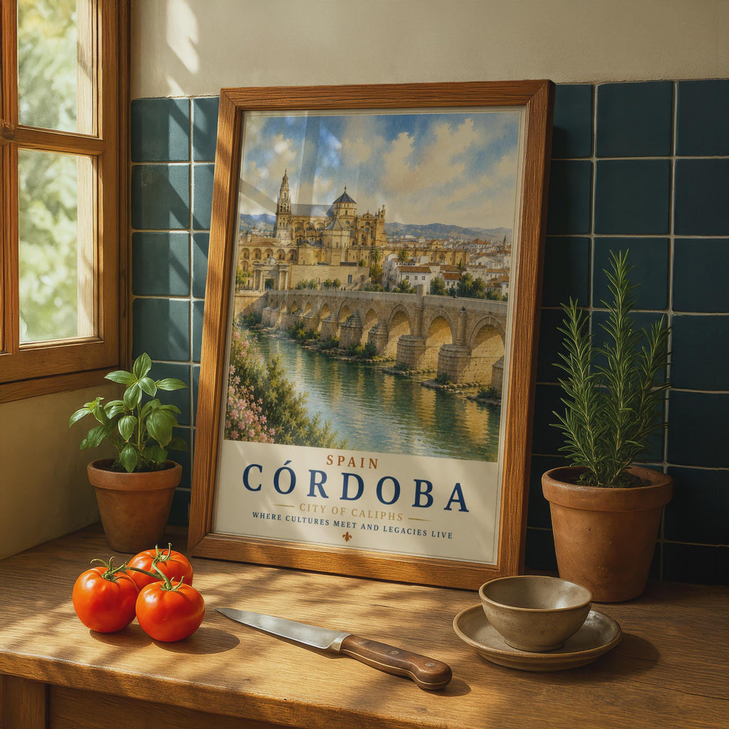 Cordoba Spain Travel Poster, Mezquita Roman Bridge Watercolour Wall Art, Andalusia
