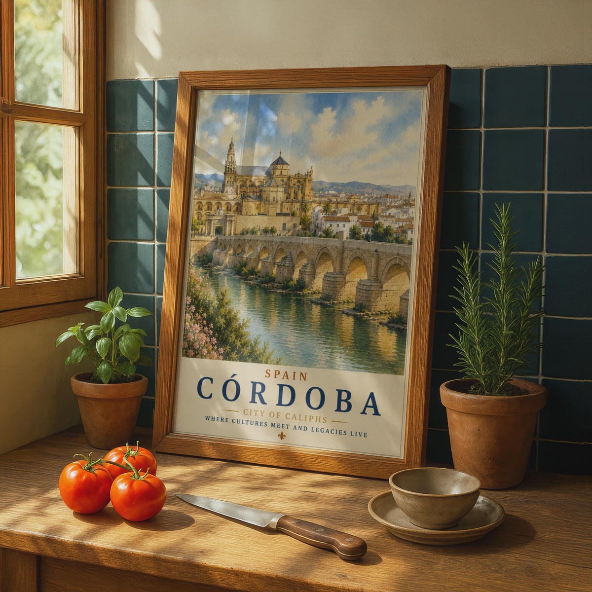 Cordoba Spain Travel Poster, Mezquita Roman Bridge Watercolour Wall Art, Andalusia