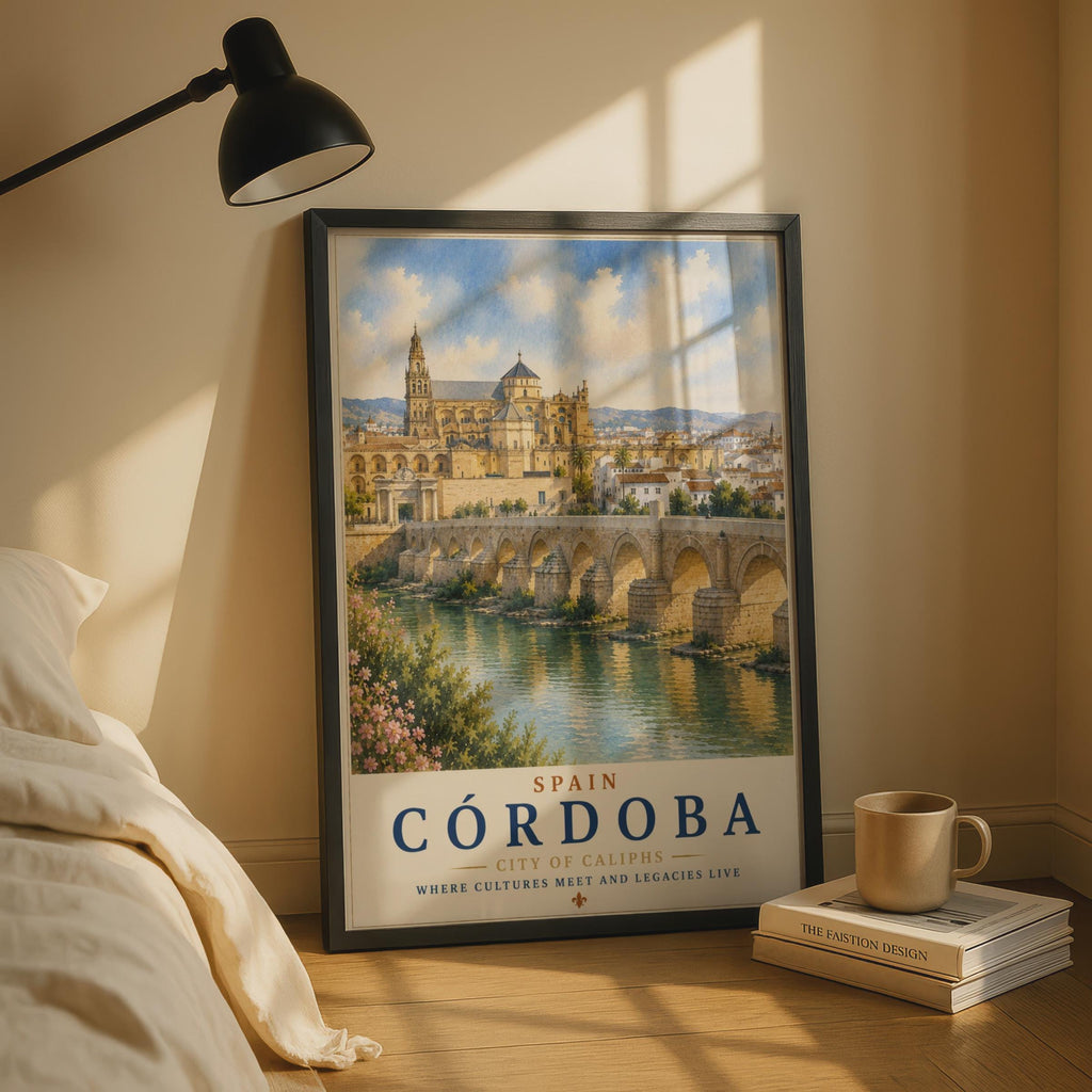 Cordoba Spain Travel Poster, Mezquita Roman Bridge Watercolour Wall Art, Andalusia