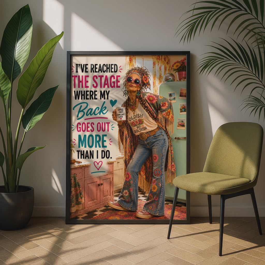 Funny Old Lady Back Goes Out Humour Poster, Sassy Grandma Boho Wall Art Gift