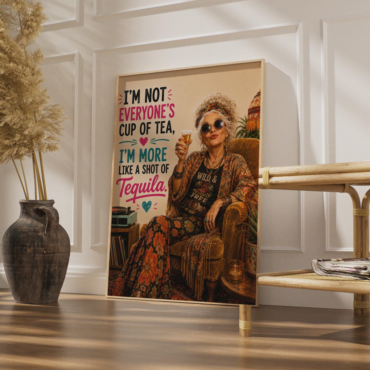 Tequila Shot Funny Quote Poster, Bohemian Wild Free Woman, Humour Wall Art Gift
