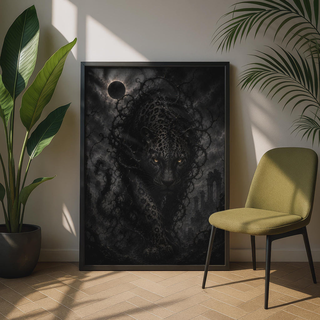 Gothic Black Panther Poster, Dark Fantasy Animal Wall Art, Goth Eclipse Print