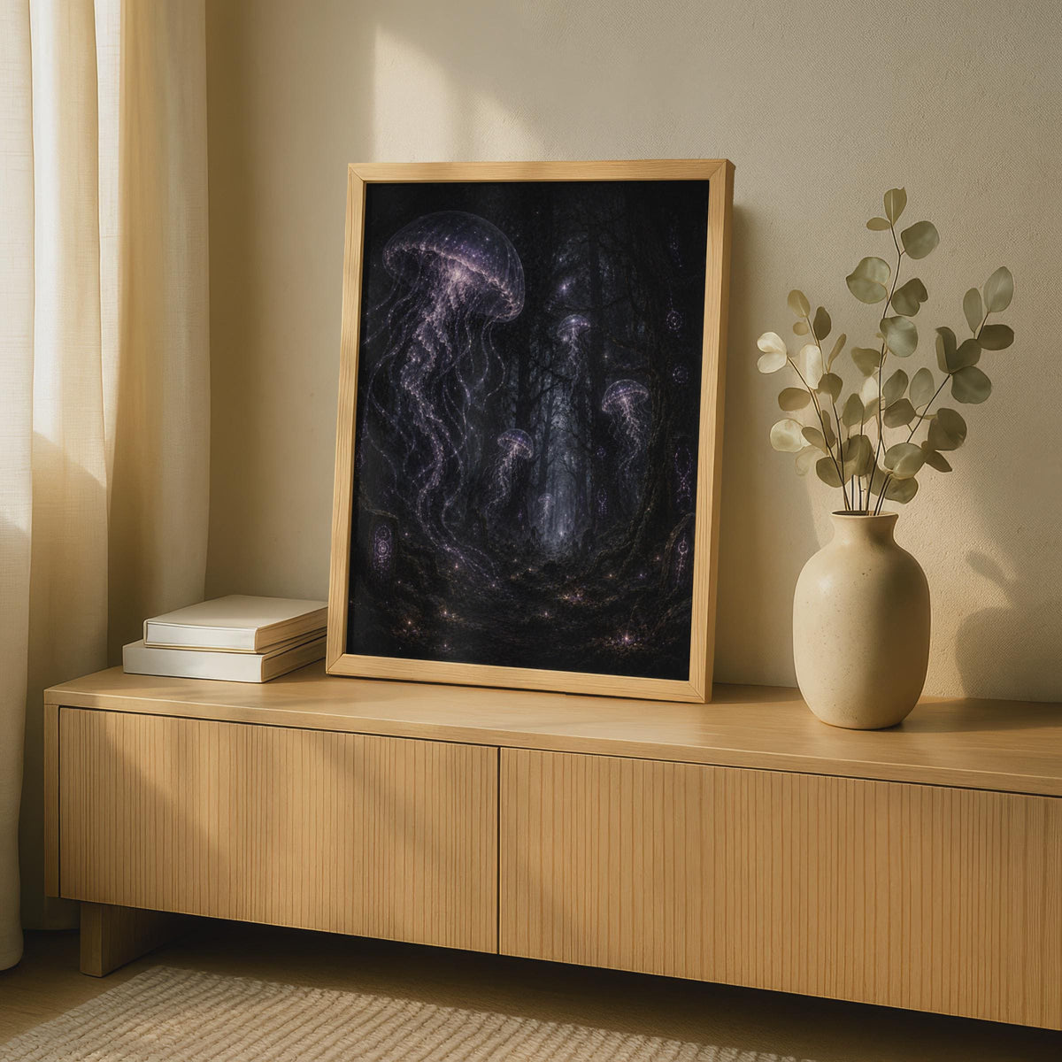Gothic Jellyfish Dark Forest Poster, Glowing Mystical Fantasy Wall Art, Purple Black Decor