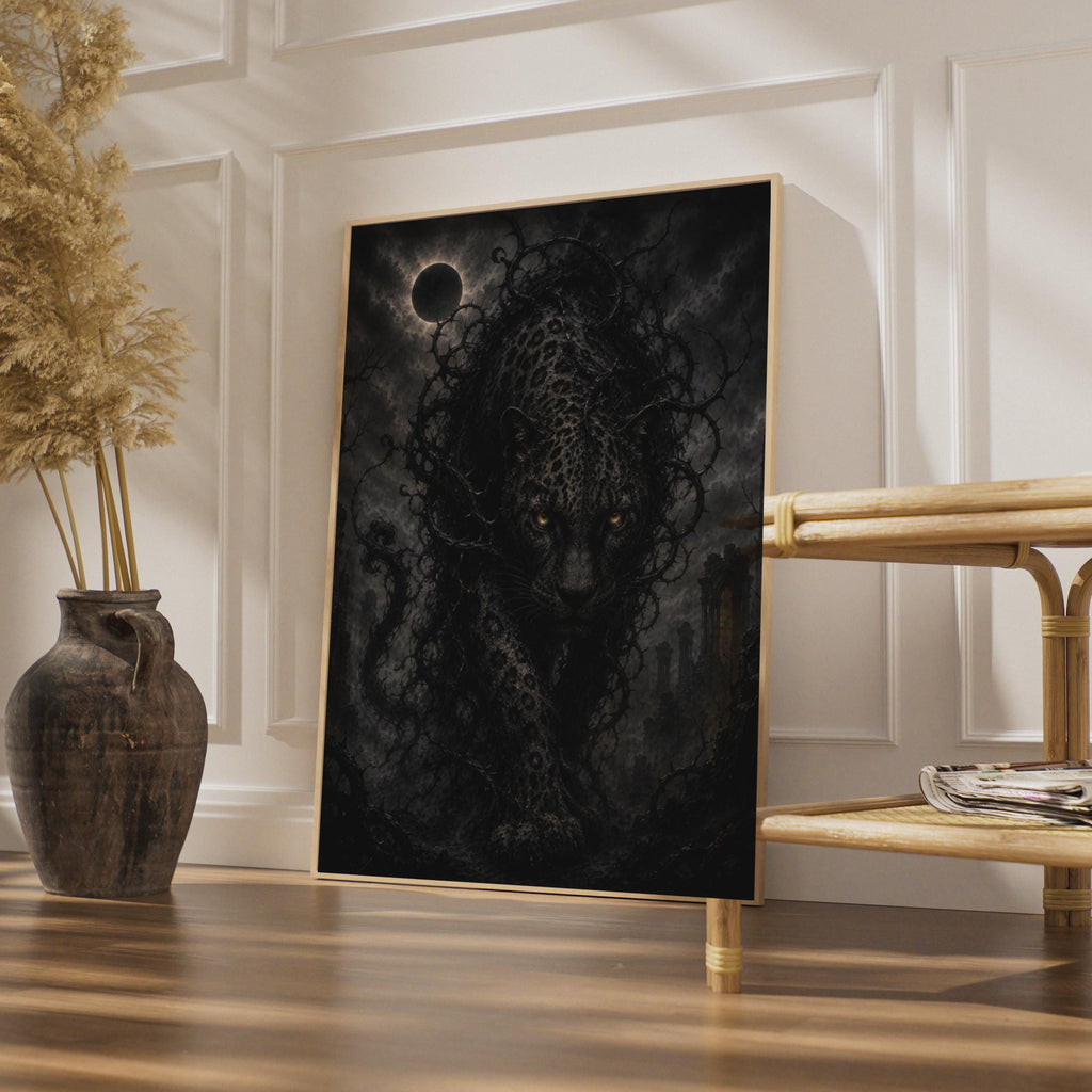 Gothic Black Panther Poster, Dark Fantasy Animal Wall Art, Goth Eclipse Print