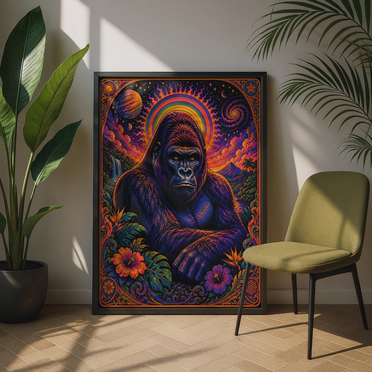 Psychedelic Gorilla Poster, Trippy Rainbow Jungle Wall Art, Colourful Primate Print