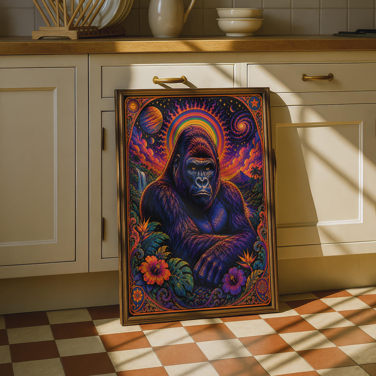 Psychedelic Gorilla Poster, Trippy Rainbow Jungle Wall Art, Colourful Primate Print