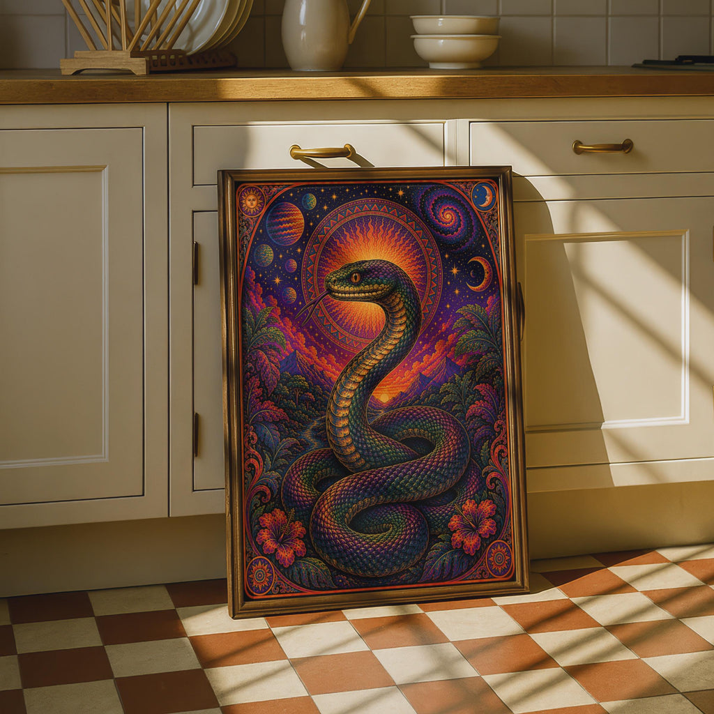 Psychedelic Snake Poster, Cosmic Serpent Wall Art, Celestial Mandala, Mystical Boho Print