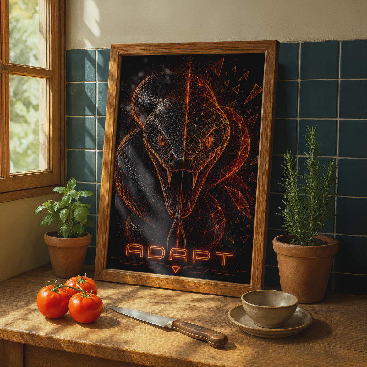 Adapt Snake Poster, Geometric Cobra Wall Art, Dark Motivational Print, Orange Black