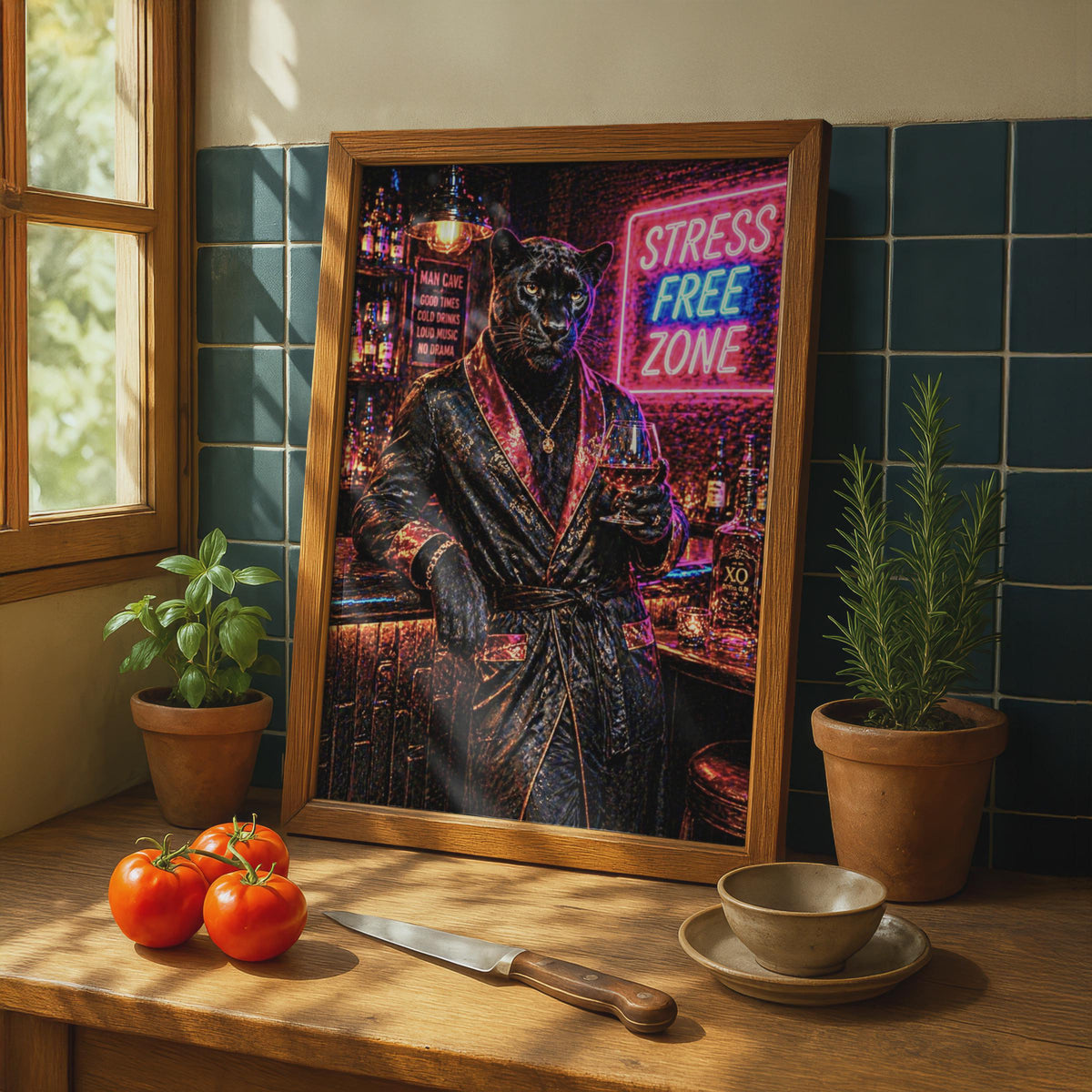 Black Panther Man Cave Poster, Stress Free Zone Neon Bar Wall Art, Luxury Animal