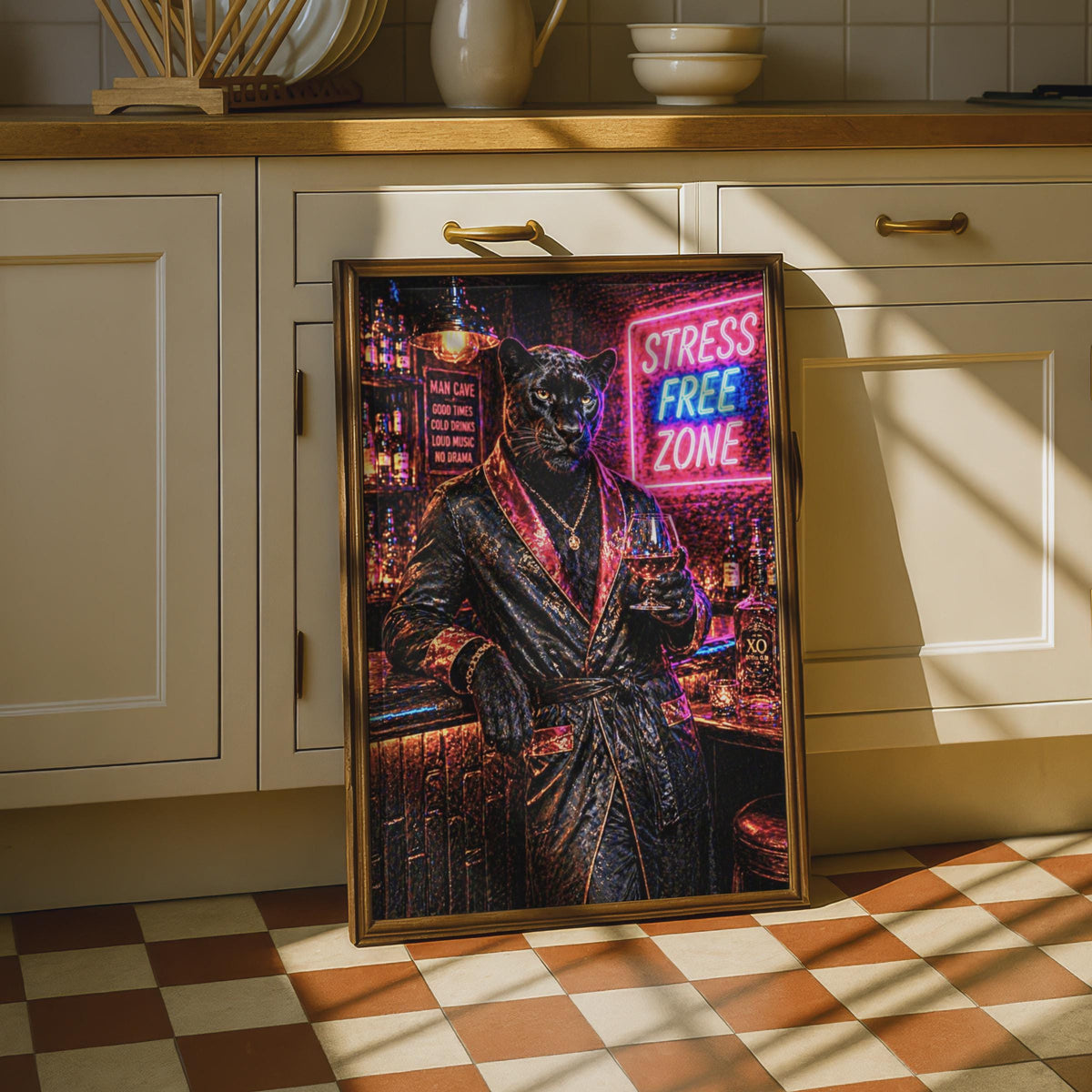 Black Panther Man Cave Poster, Stress Free Zone Neon Bar Wall Art, Luxury Animal