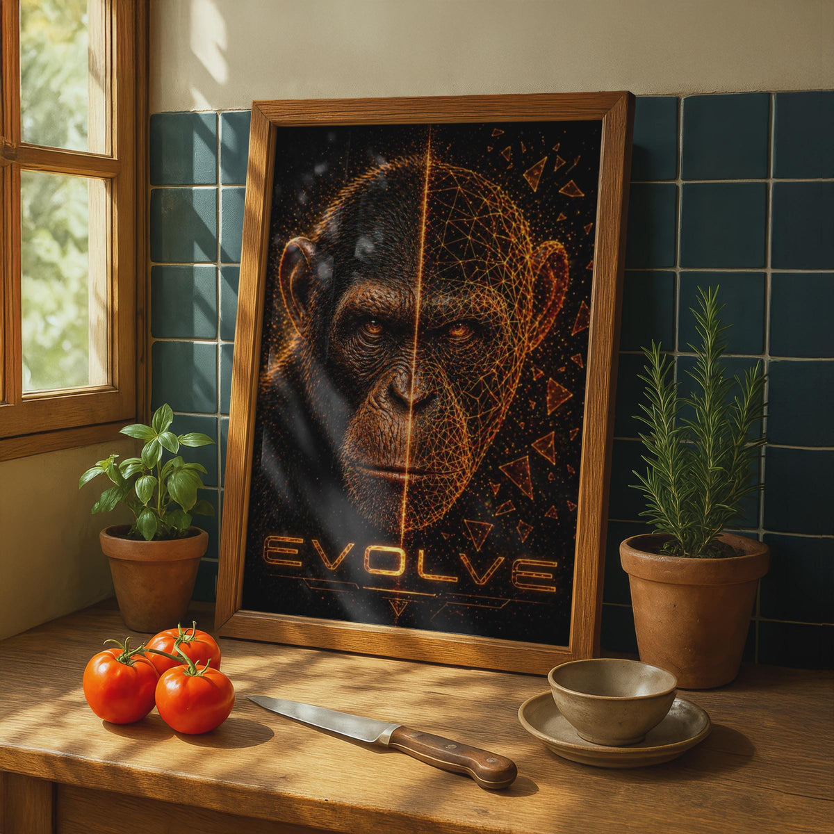 Evolve Chimpanzee Poster, Digital Geometric Ape Wall Art, Dark Sci-Fi Animal Print