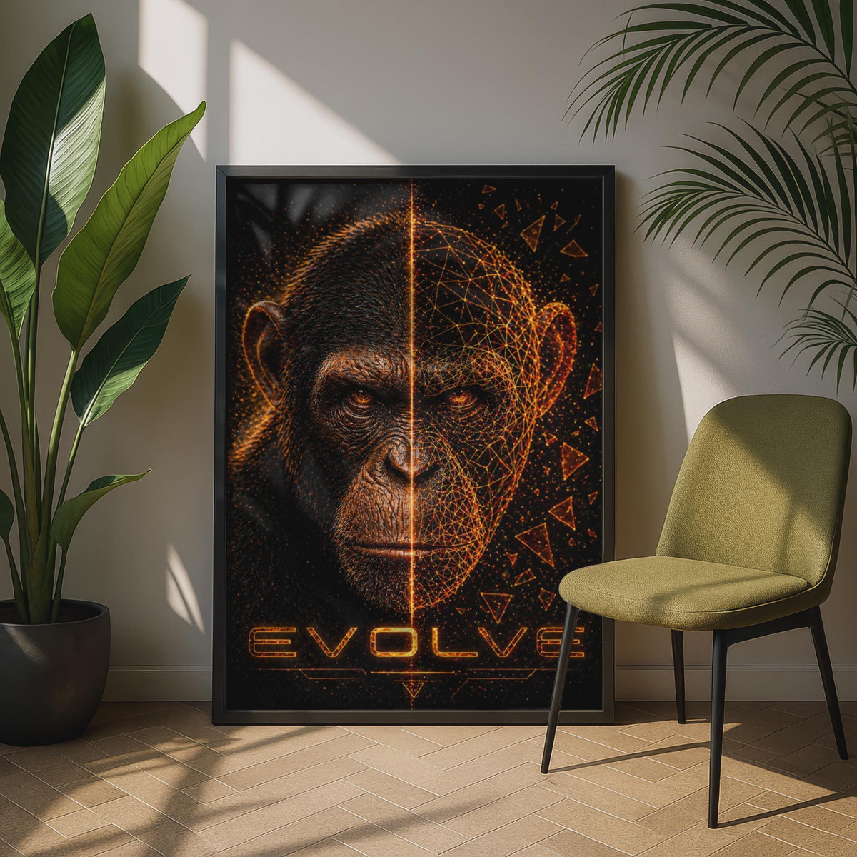 Evolve Chimpanzee Poster, Digital Geometric Ape Wall Art, Dark Sci-Fi Animal Print