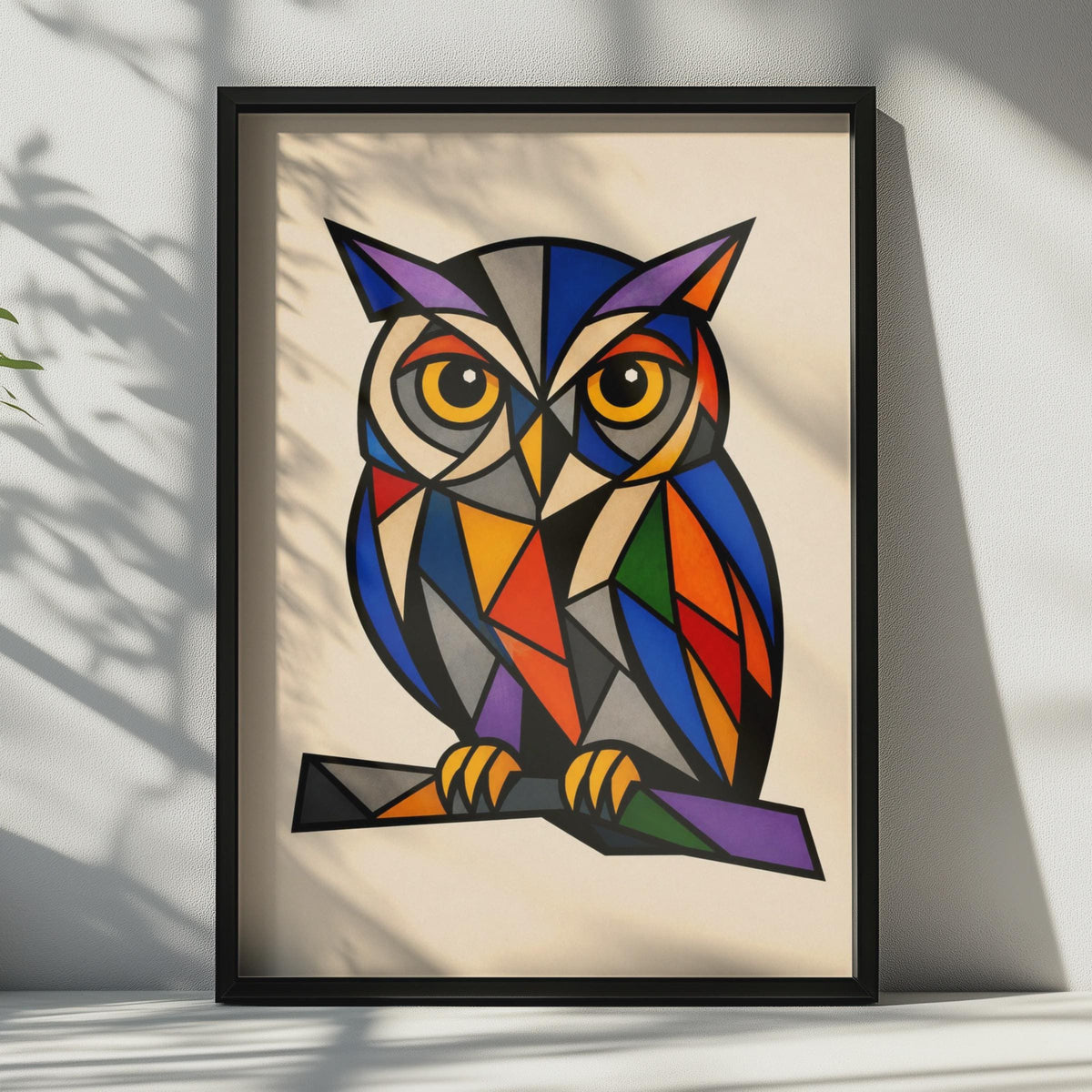 Geometric Owl Poster, Colourful Cubist Bird Wall Art, Bold Abstract Wildlife Print for Home