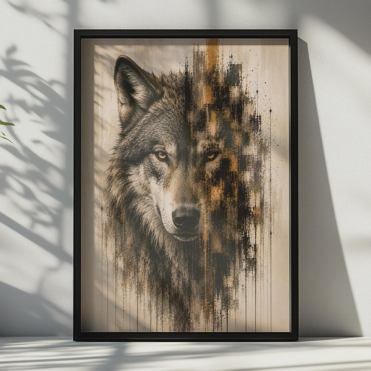 Wolf Portrait Poster, Abstract Grunge Art, Black Gold Wall Decor, Wild Animal Print