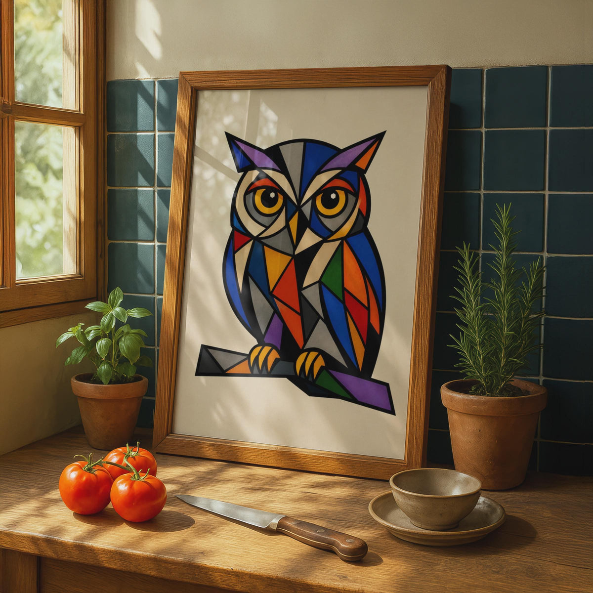Geometric Owl Poster, Colourful Cubist Bird Wall Art, Bold Abstract Wildlife Print for Home