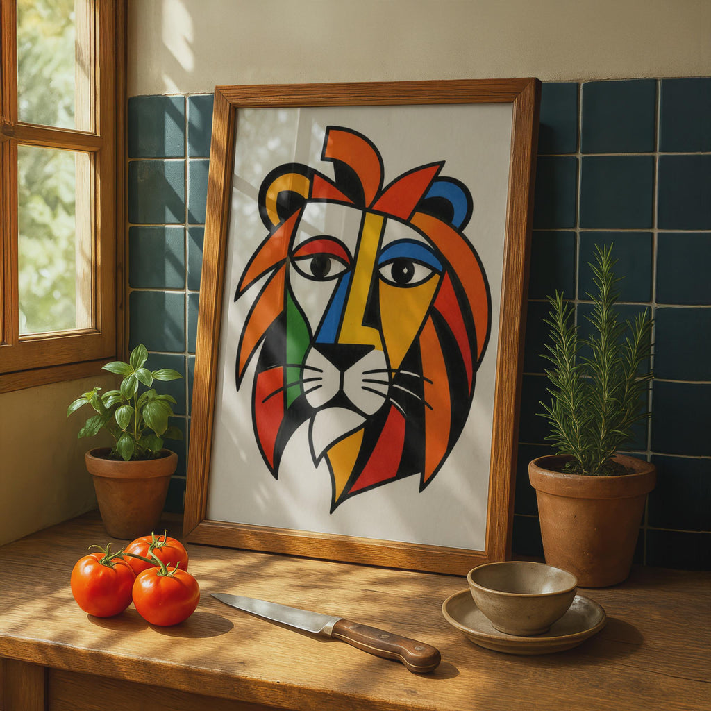 Cubist Lion Poster, Bold Abstract Animal Wall Art, Modern Living Room Print