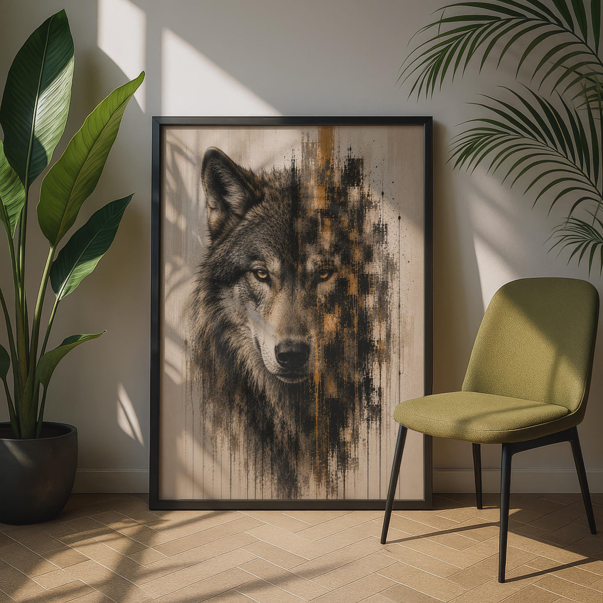 Wolf Portrait Poster, Abstract Grunge Art, Black Gold Wall Decor, Wild Animal Print