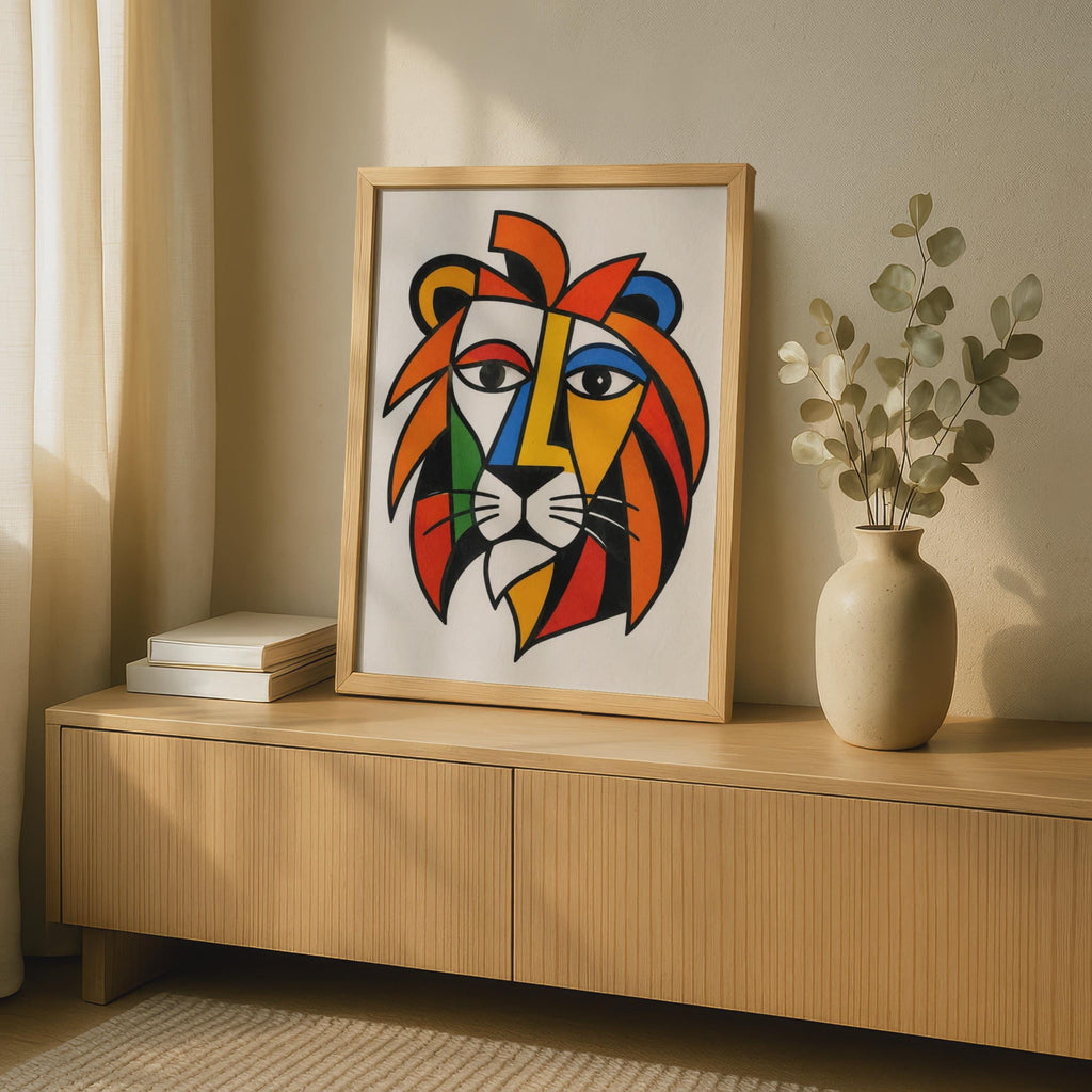 Cubist Lion Poster, Bold Abstract Animal Wall Art, Modern Living Room Print