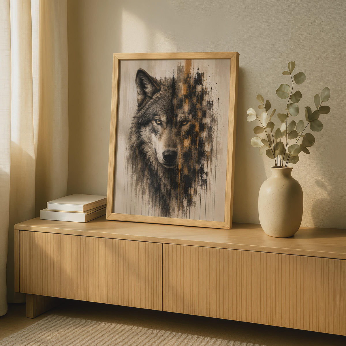 Wolf Portrait Poster, Abstract Grunge Art, Black Gold Wall Decor, Wild Animal Print