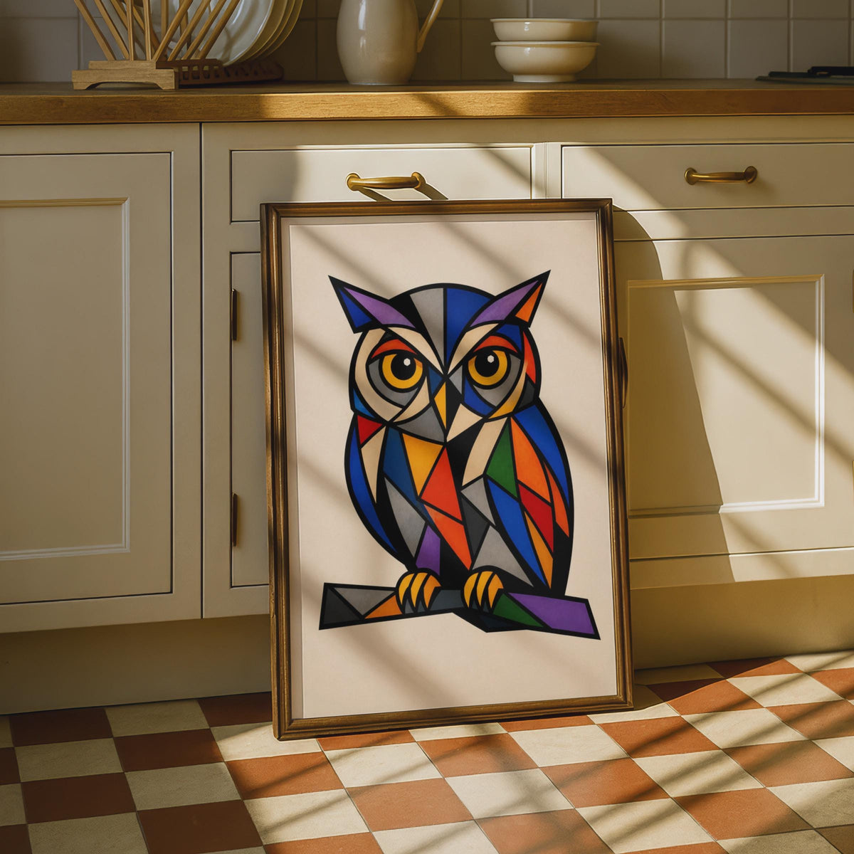 Geometric Owl Poster, Colourful Cubist Bird Wall Art, Bold Abstract Wildlife Print for Home