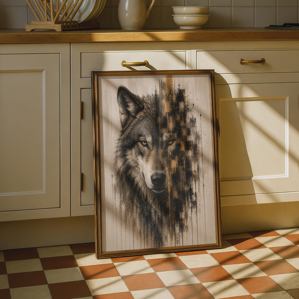 Wolf Portrait Poster, Abstract Grunge Art, Black Gold Wall Decor, Wild Animal Print