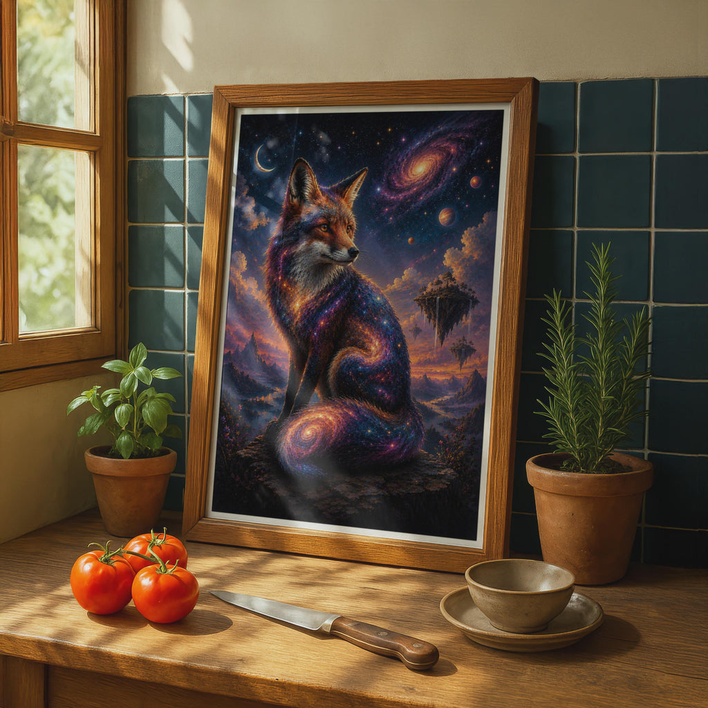 Cosmic Fox Poster, Galaxy Animal Fantasy Wall Art, Celestial Fox Space Night Sky Print
