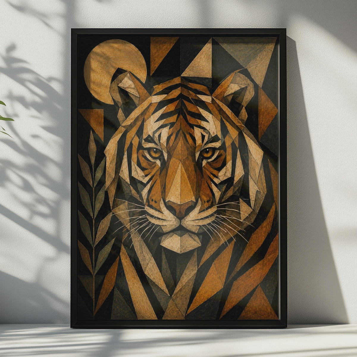 Geometric Tiger Poster, Bold Wildlife Wall Art, Dark Amber Black Mosaic Animal Print