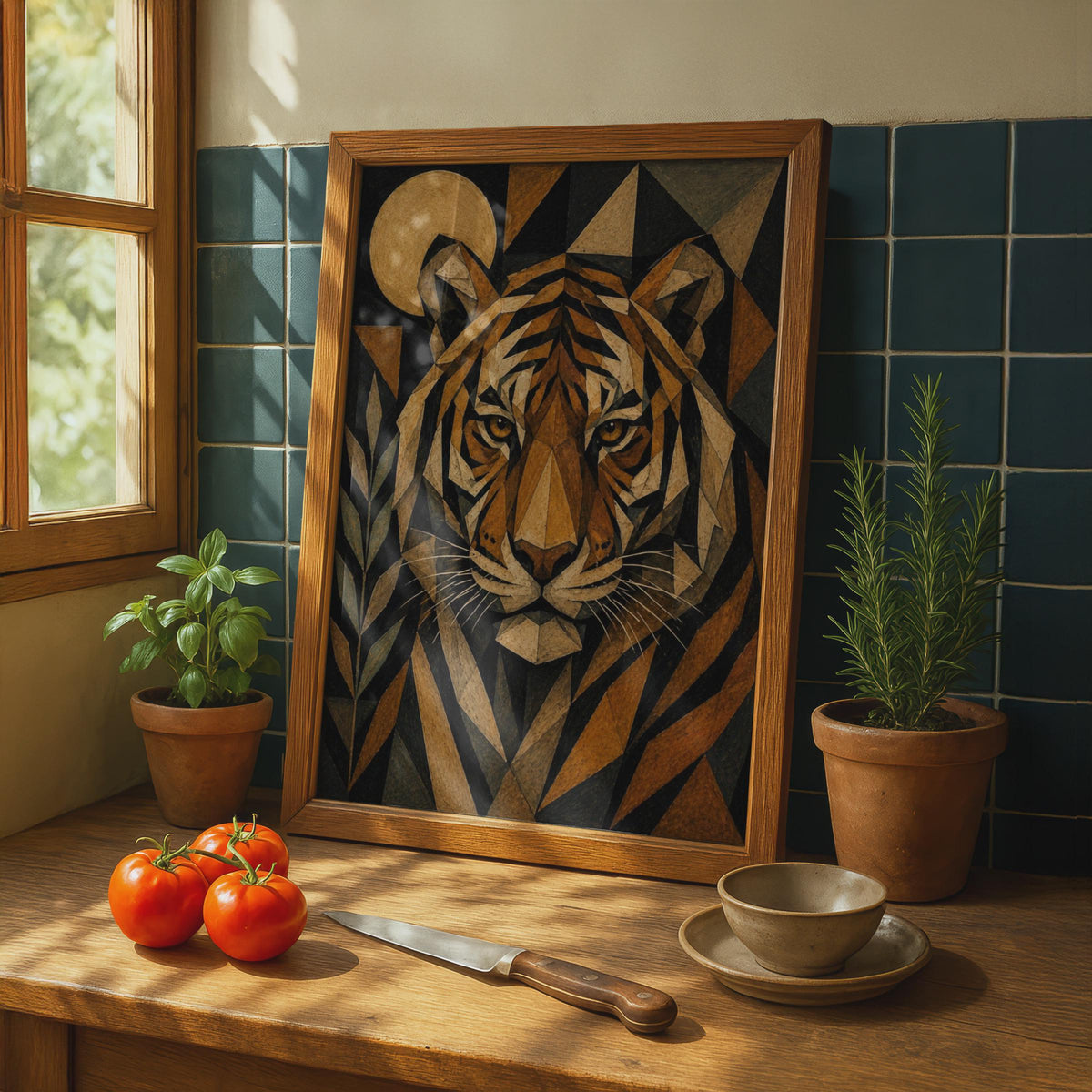 Geometric Tiger Poster, Bold Wildlife Wall Art, Dark Amber Black Mosaic Animal Print
