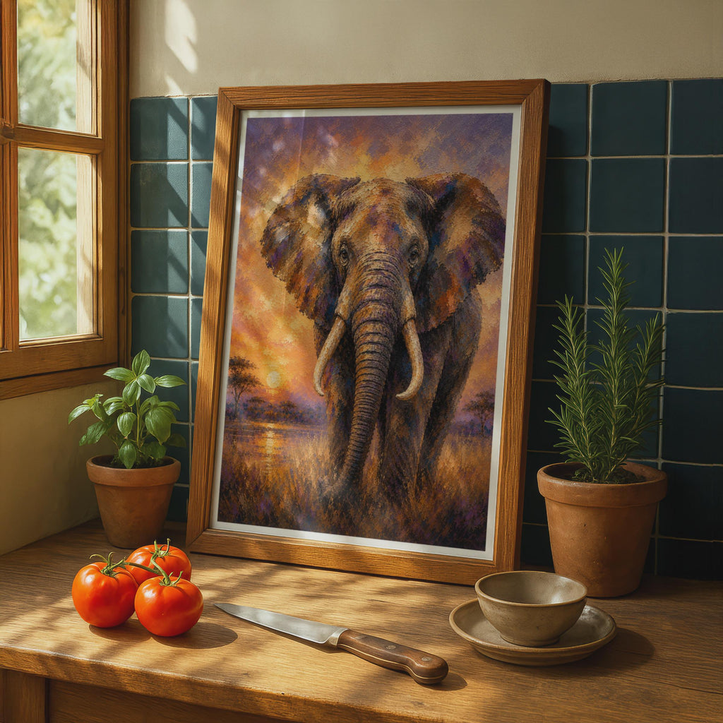 African Elephant Sunset Poster, Wildlife Safari Wall Art, Orange Purple Savanna Print