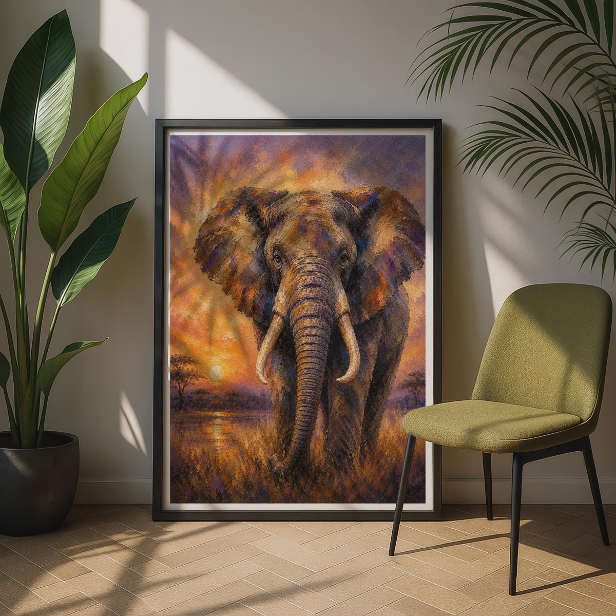 African Elephant Sunset Poster, Wildlife Safari Wall Art, Orange Purple Savanna Print