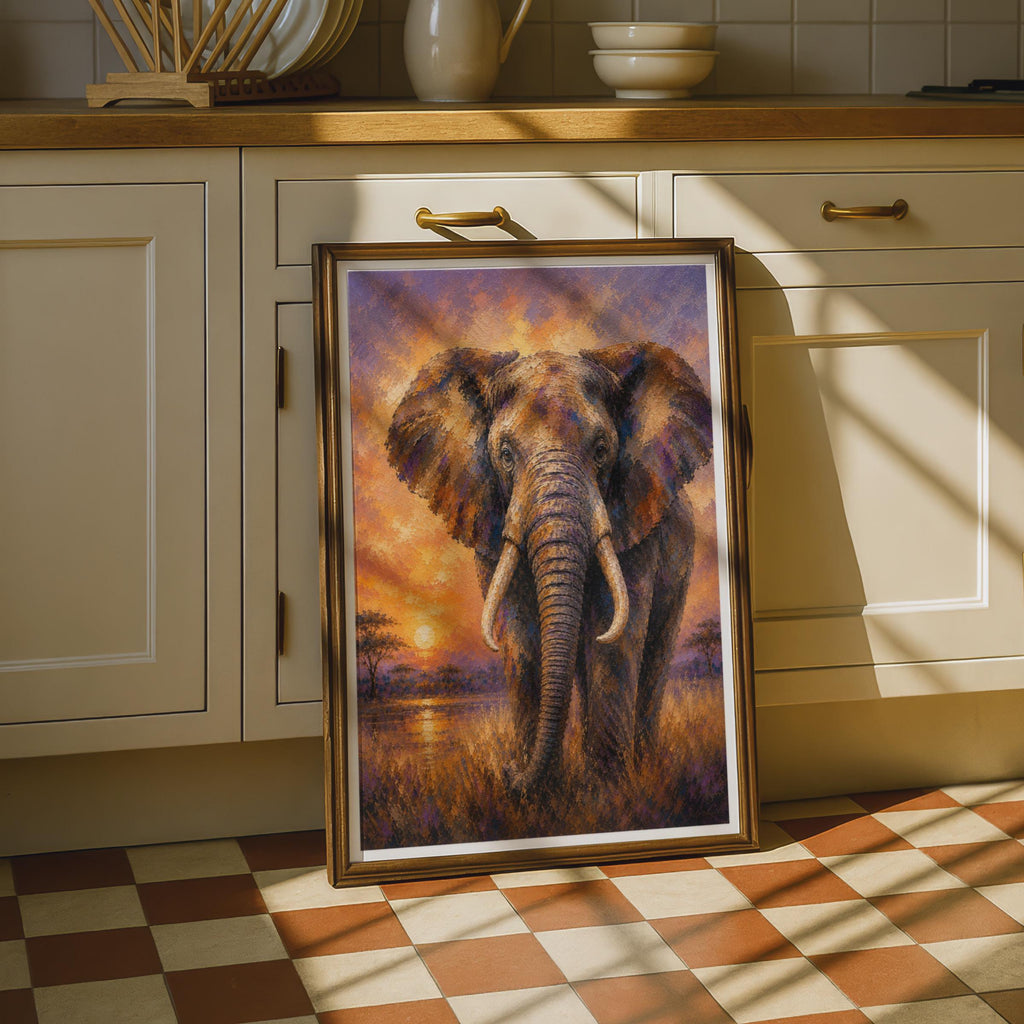 African Elephant Sunset Poster, Wildlife Safari Wall Art, Orange Purple Savanna Print