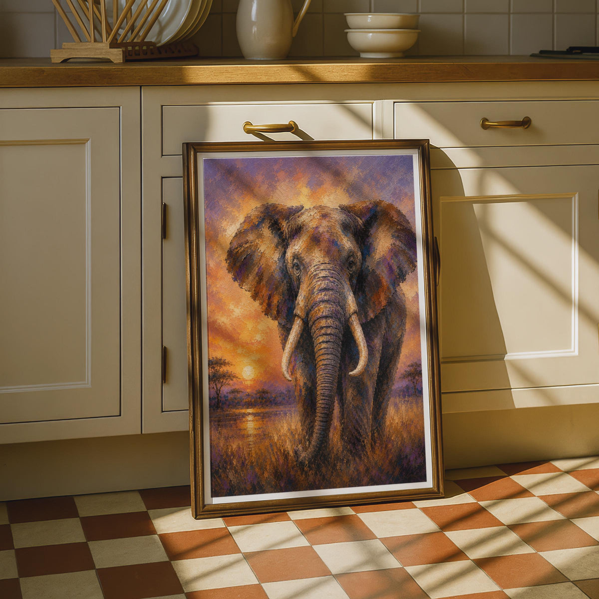 African Elephant Sunset Poster, Wildlife Safari Wall Art, Orange Purple Savanna Print