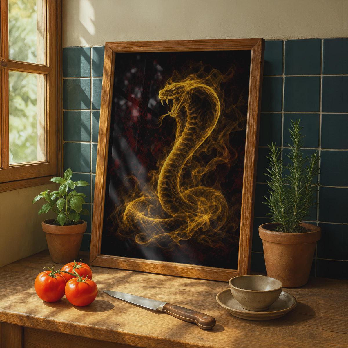 Golden Cobra Fire Snake Poster, Dark Fantasy Serpent Wall Art