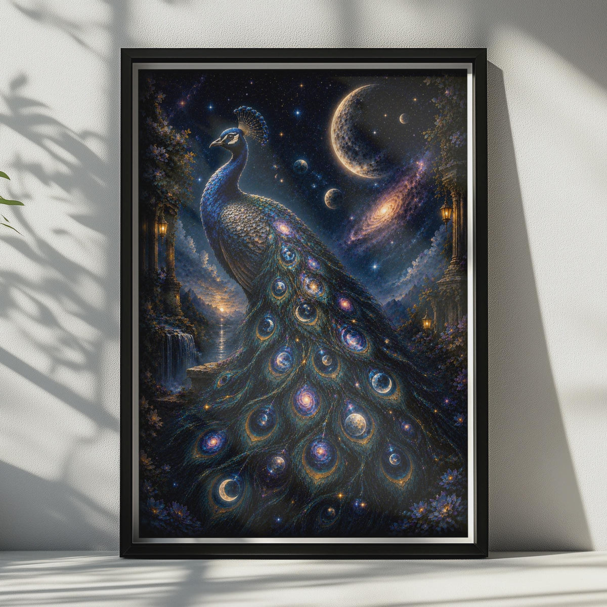 Celestial Peacock Poster, Galaxy Night Sky Bird Wall Art, Mystical Moon Stars Print