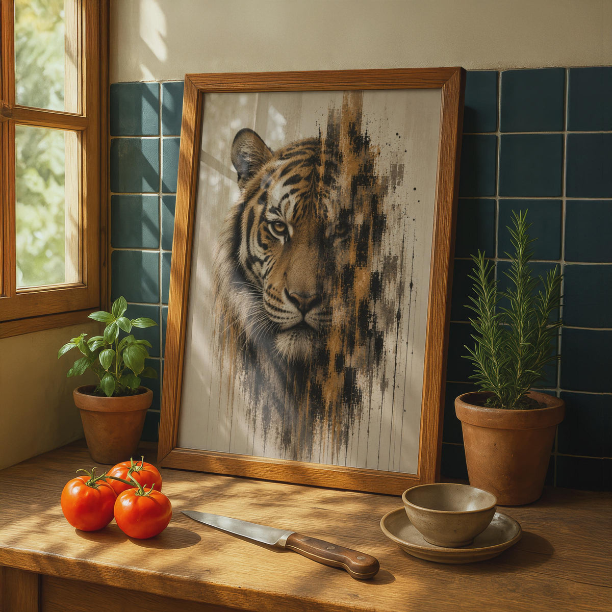 Tiger Face Poster, Abstract Wildlife Wall Art, Burnt Orange Black Decaying Effect Print