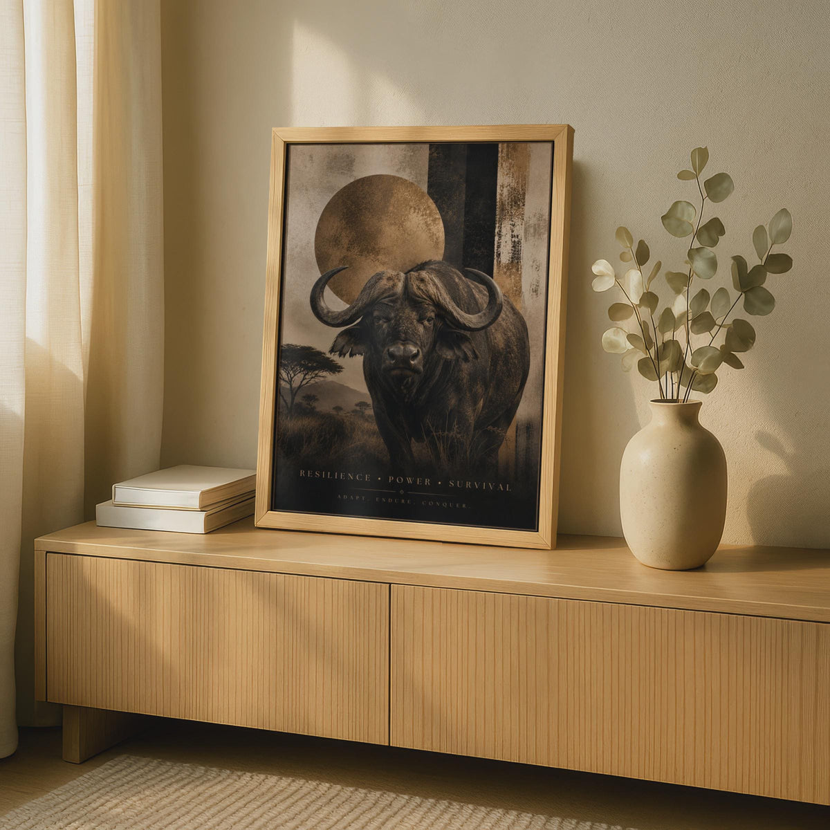 African Buffalo Poster, Resilience Power Survival, Dark Gold Safari Wall Art, Wildlife Decor