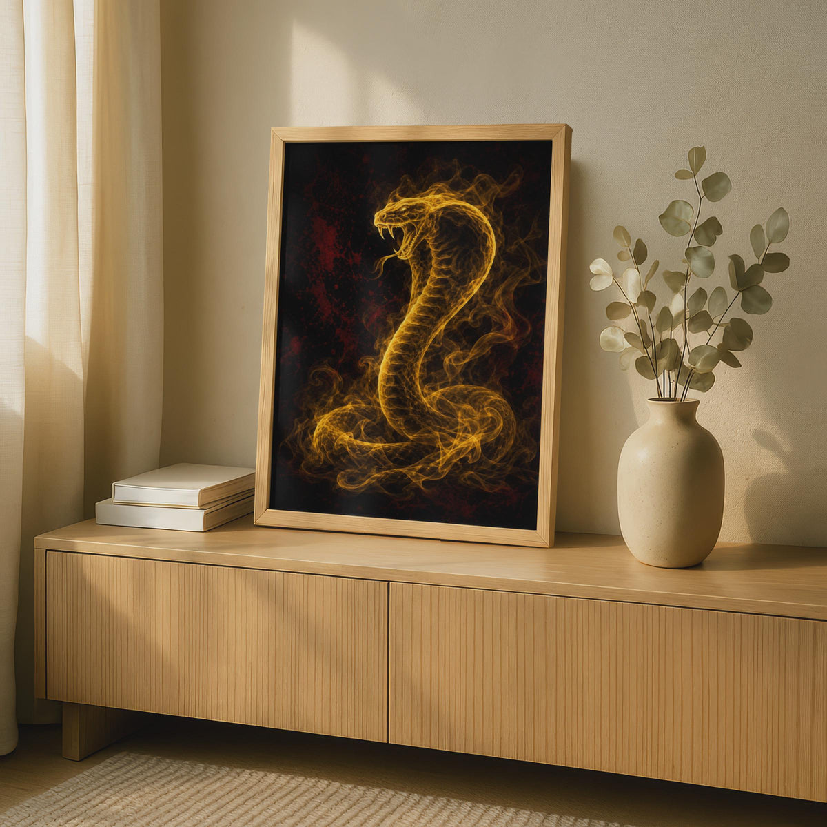 Golden Cobra Fire Snake Poster, Dark Fantasy Serpent Wall Art