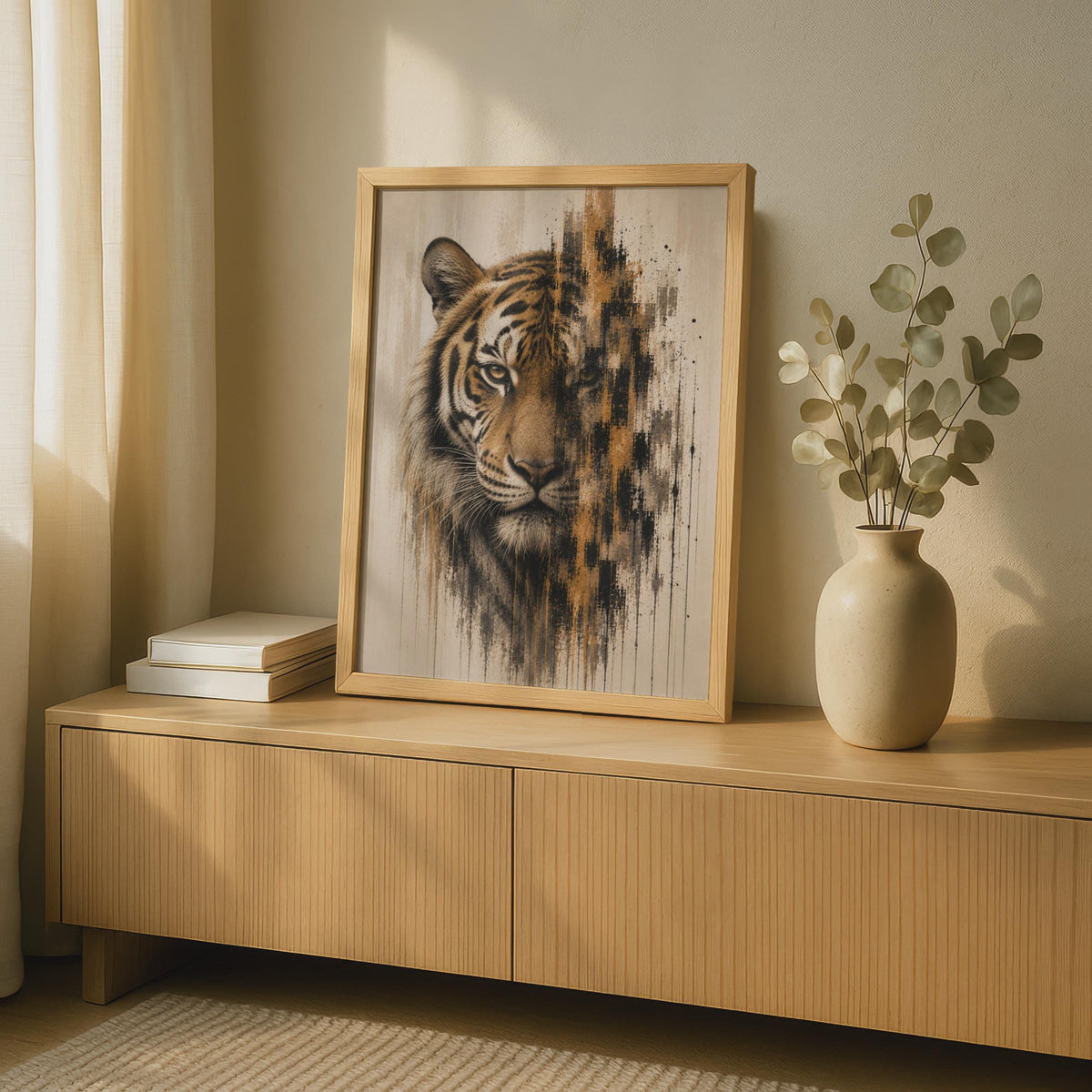 Tiger Face Poster, Abstract Wildlife Wall Art, Burnt Orange Black Decaying Effect Print